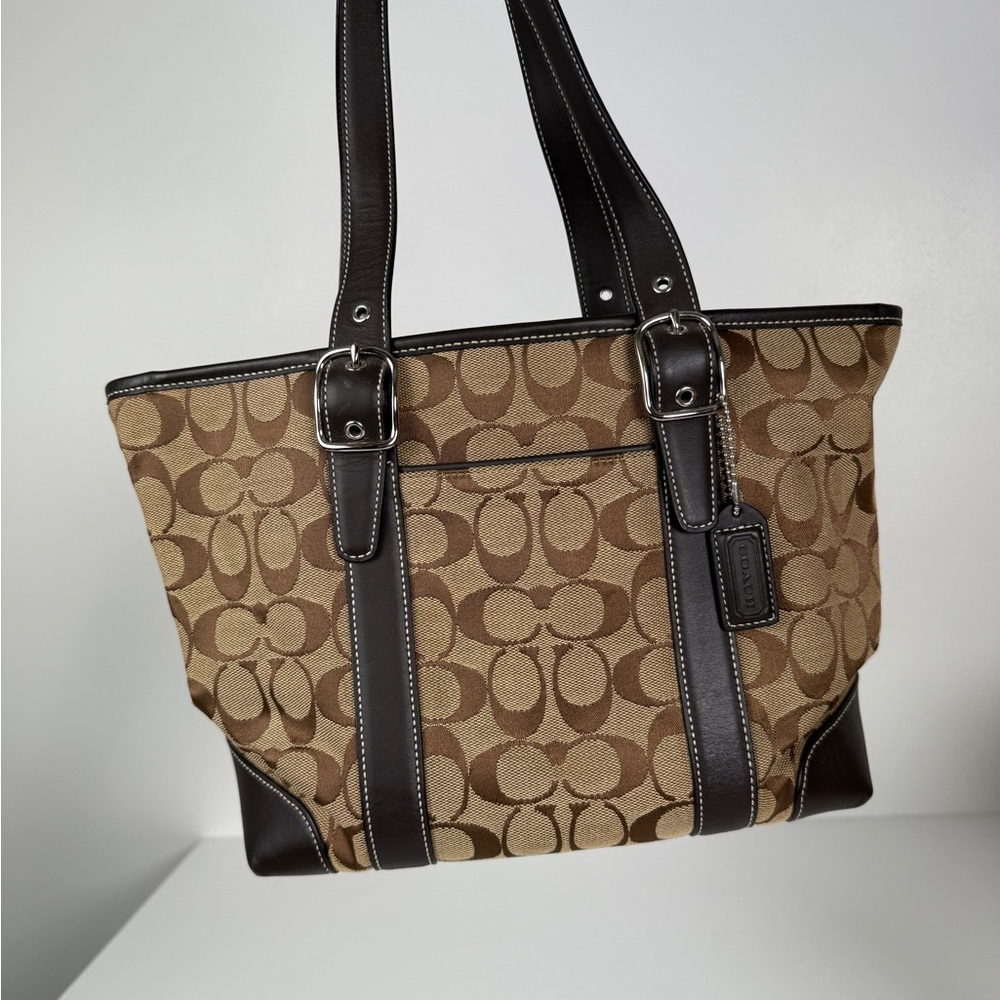 Coach Signature Brown Canvas Tote Bag | Classic Logo Shoulder Bag | Used